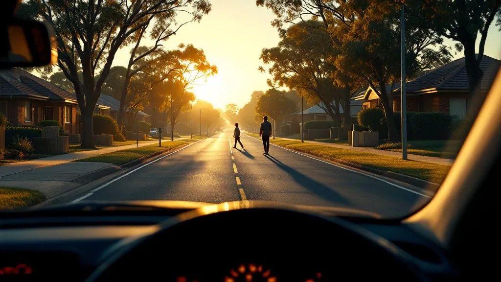 A developing road hazard on an Australian street: two pedestrians about to cross