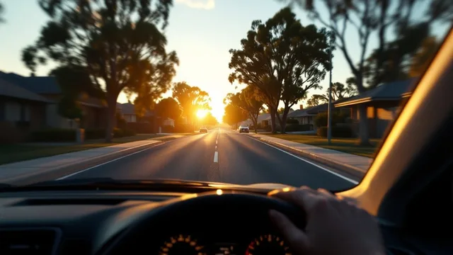 Driver's view of a NSW street at golden hour with cars ahead