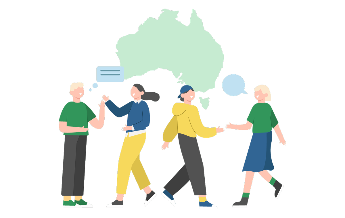 Two people talking at a table, an illustration of Australia and its people