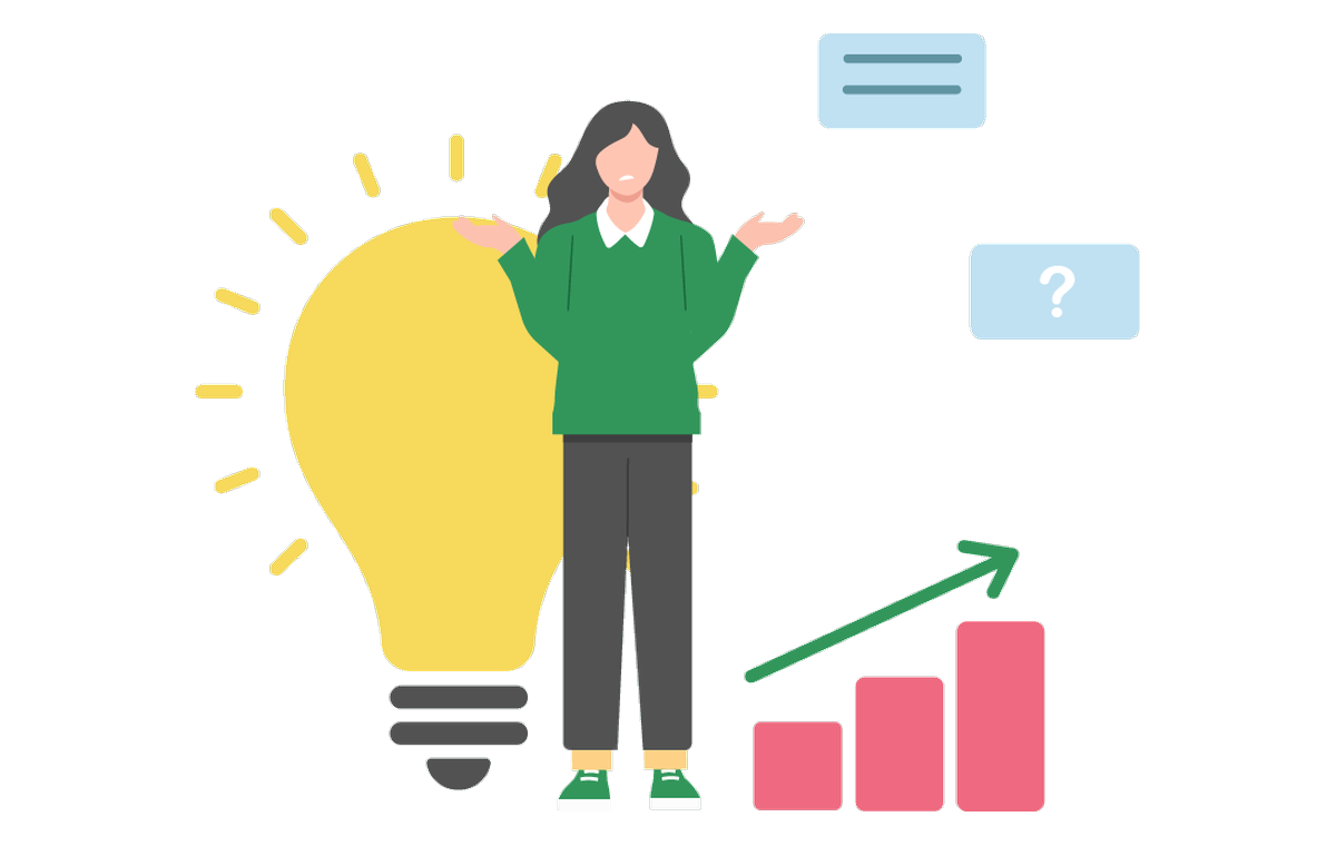 A person beside a light bulb and a rising chart, an illustration of Australian values