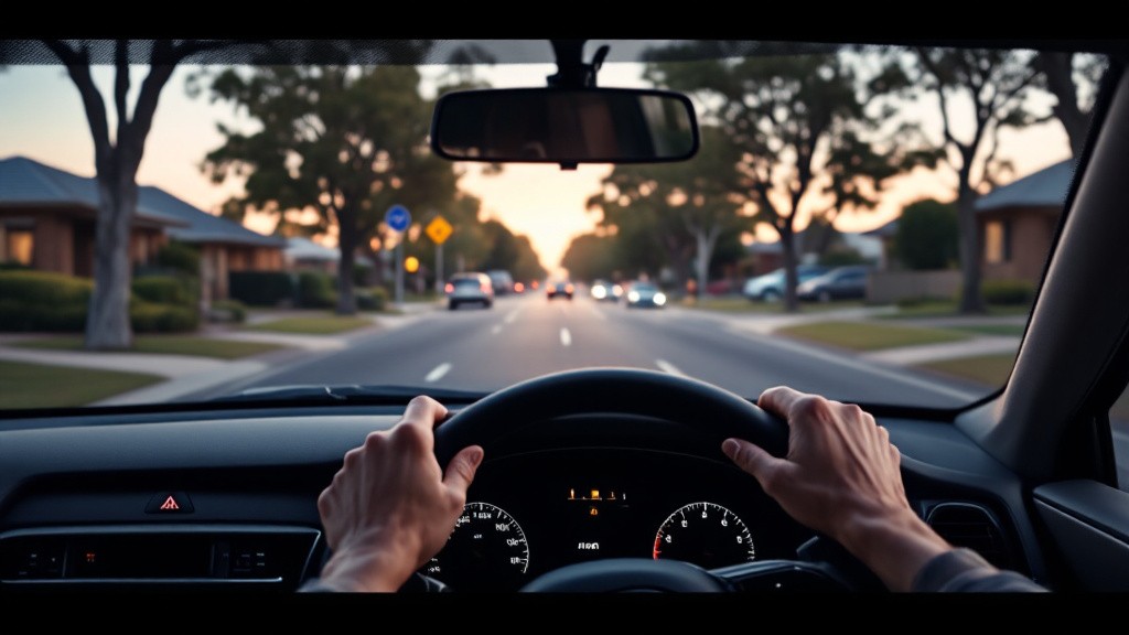 Driving along a quiet Australian suburban street at dusk, hands on the wheel - the view a learner practises for
