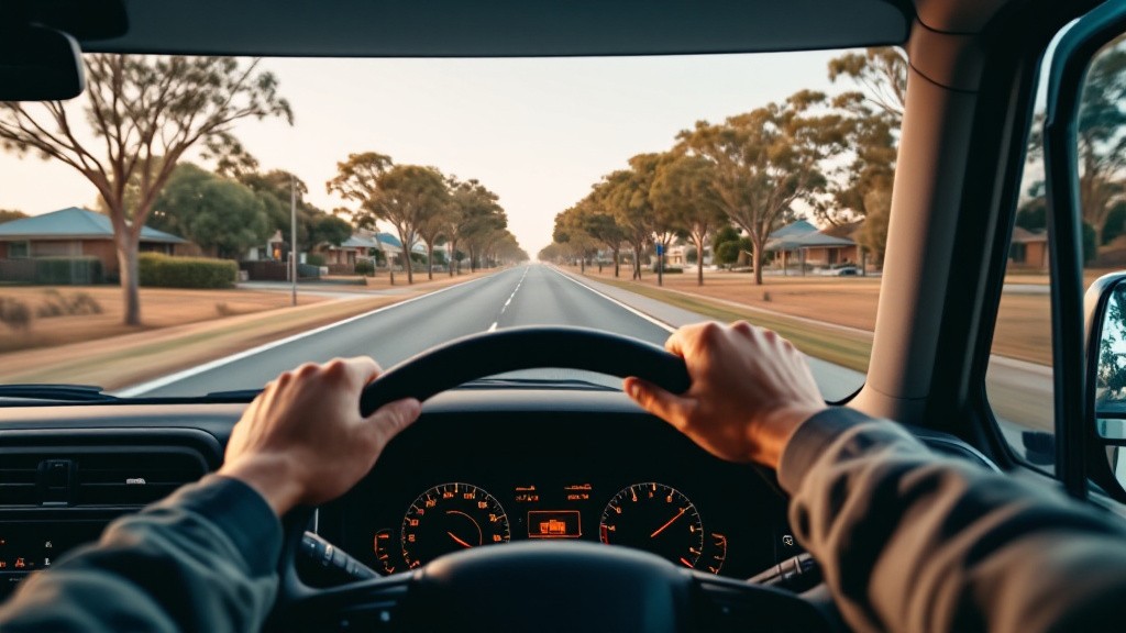 Inside the cab of a rigid truck on an Australian highway, the driver checking mirrors