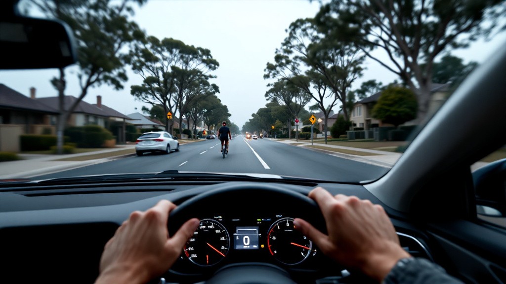 A suburban intersection seen through a windscreen with a pedestrian about to cross