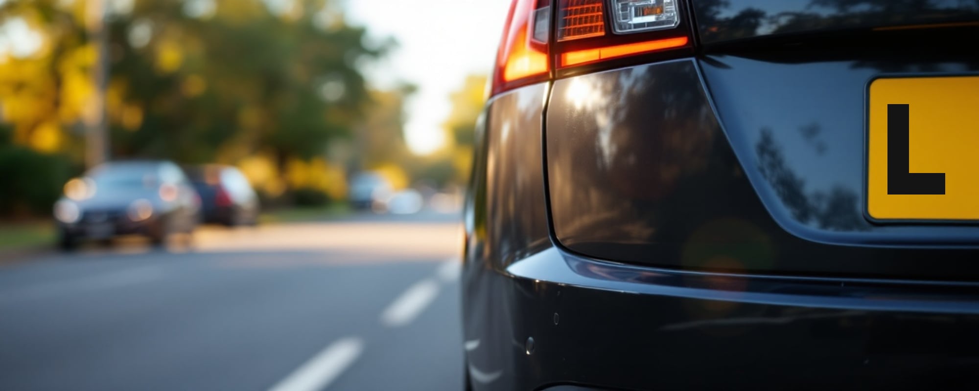 A yellow L-plate on the back of a car parked on a quiet Australian street in warm afternoon light