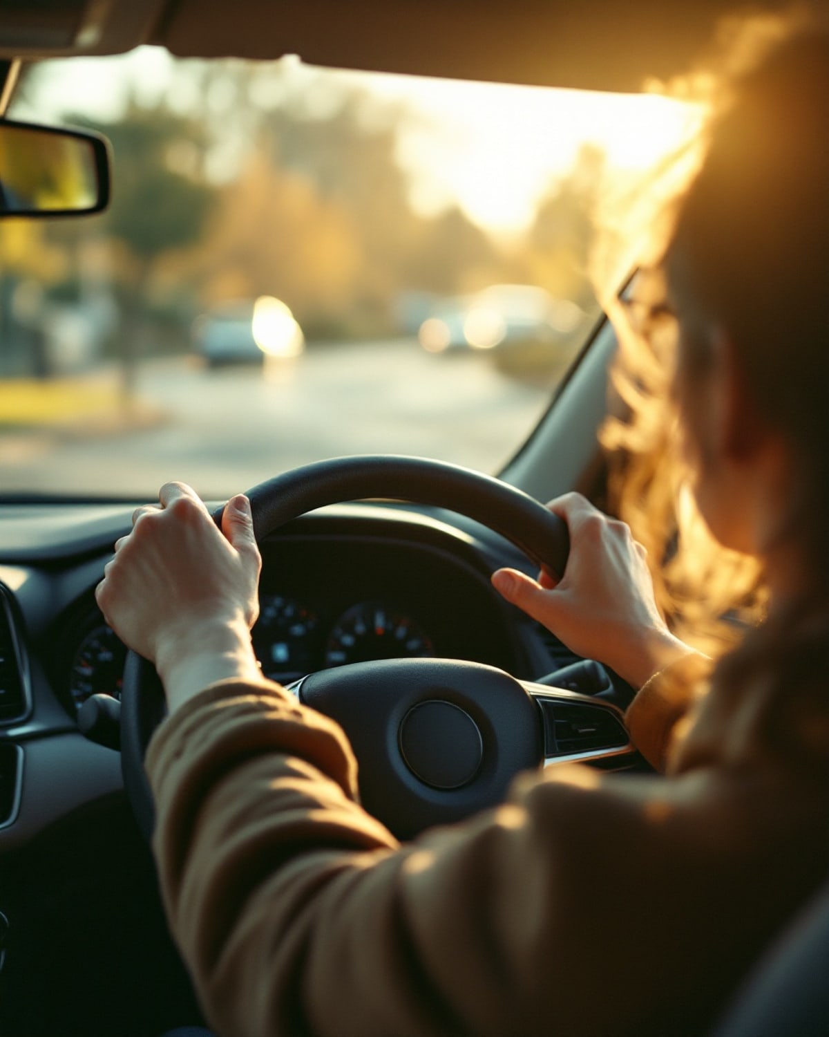 A learner driver's hands resting calmly on the steering wheel of a right-hand-drive car in soft morning light