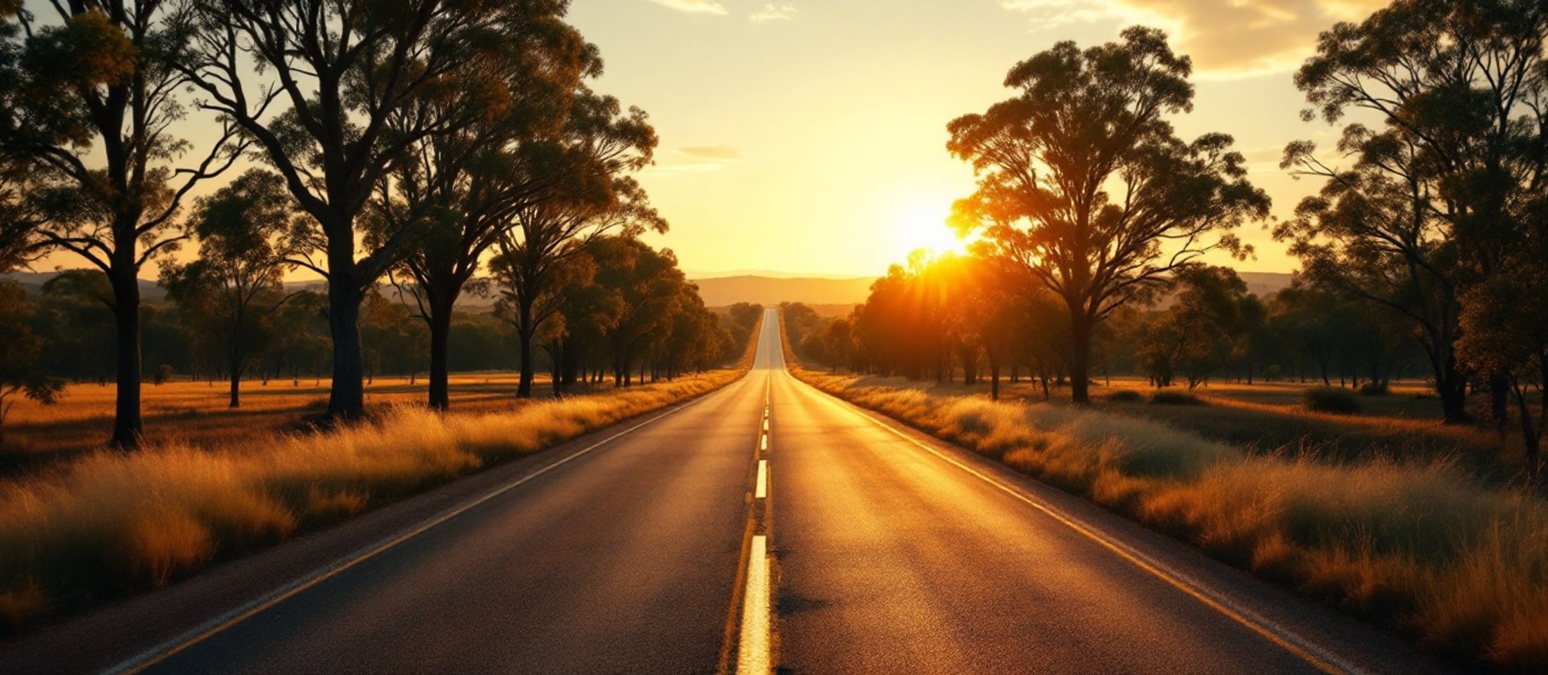 An open Australian country road stretching toward the horizon at dawn