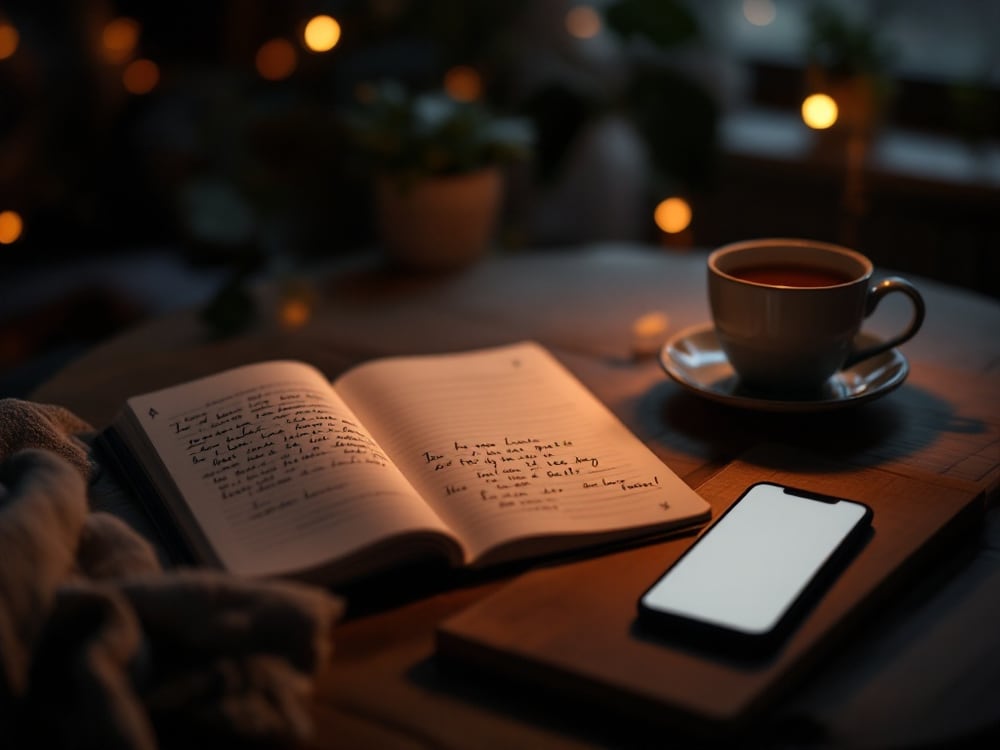 A learner reading driving-test study notes in a warm, calm home setting
